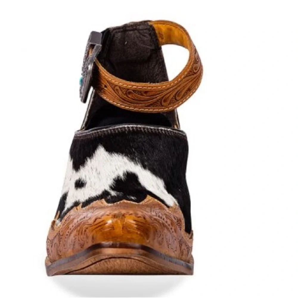 Hand-Tooled Leather strap Genuine Hide-On Women Bootie Boot Boho Western Shoe - Picture 8 of 16